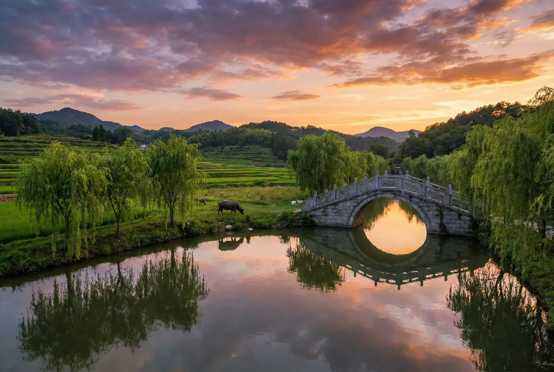 夕阳下的石拱桥与垂柳，水牛在河边吃草 - 韩国三级 乡村美景